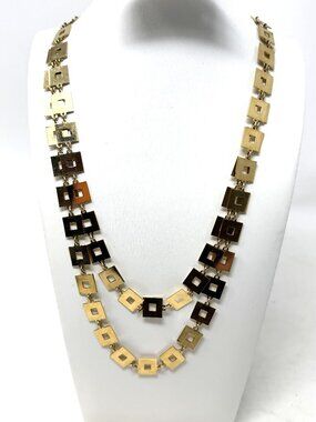 Unmarked Womans Necklace 52" Long Modernist Geometric Open Square Link Gold Tone